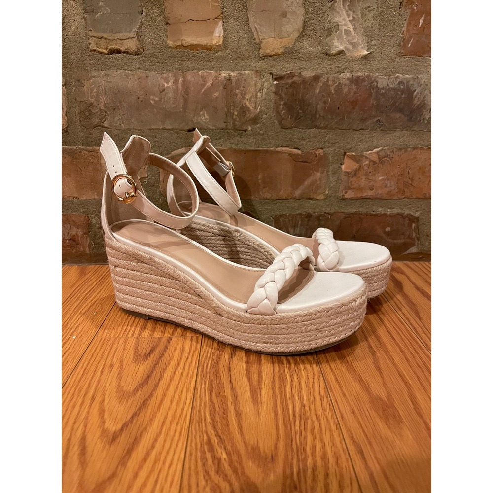 Womens White Braided Ankle‎ Strap Espadrille Flatform Wedge Sandals Bridal